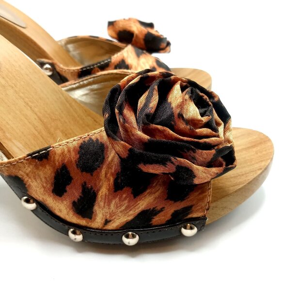 Women 6.5M Guess Leopard Animal Print Wooden Wedge Clog Platform Heels Sandals - Picture 5 of 12